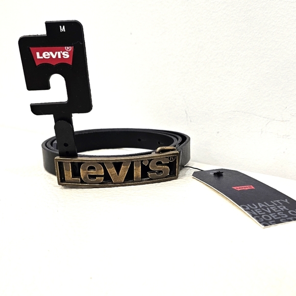 Levi's ORIGINAL Black Leather Belt Thin Logo Size M 90/36 - Picture 1 of 5